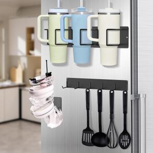 2 x Magnetic Cup Holder for Stanley 40 oz, Fridge Magnet Organizer Set Include Stanley Cup Holder - Tumbler Lid Organizer - 6 Hooks for Storage Kitchen Accessories, Storage for Stanley Accessories