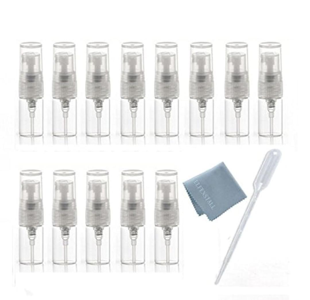 Elfenstall- 10pcs Mini Clear 2ml 5/8 Dram Fine Mist Atomizer Vial Glass Bottle Spray Refillable Perfume Empty Sample Bottle Clean Cloth for Travel Party Free 3ML Dropper