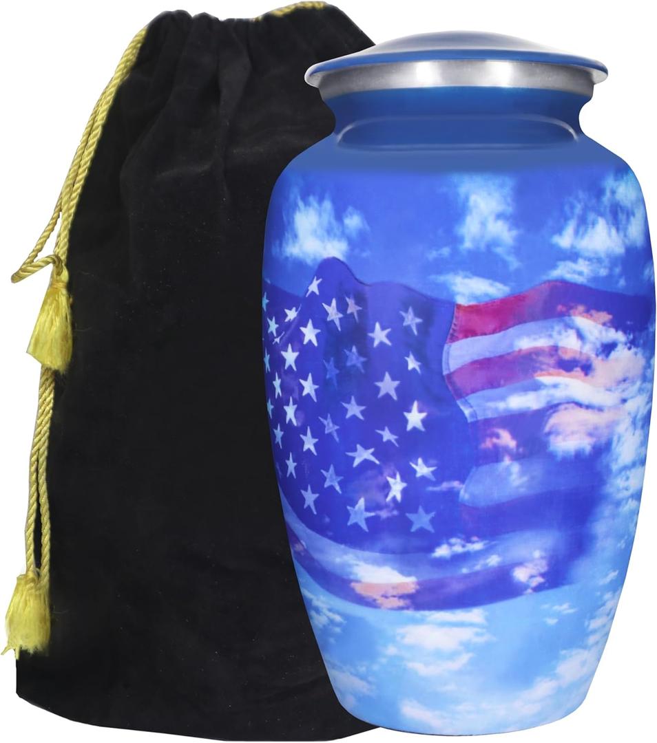 M MEILINXU Urn for Ashes Adult Male or Woman, Cremation Urns for Human Ashes Adult Man & Female, Funeral Decorative or Burial, Blue Sky and White Clouds, Patriotic Flag, Veteran Urn - Large Full Size