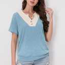 Womens Tops Summer Sweaters Short Sleeve Patchwork V Neck Henley Shirts 2026 Dressy Casual Business Tunic Blouses (Blue, M)