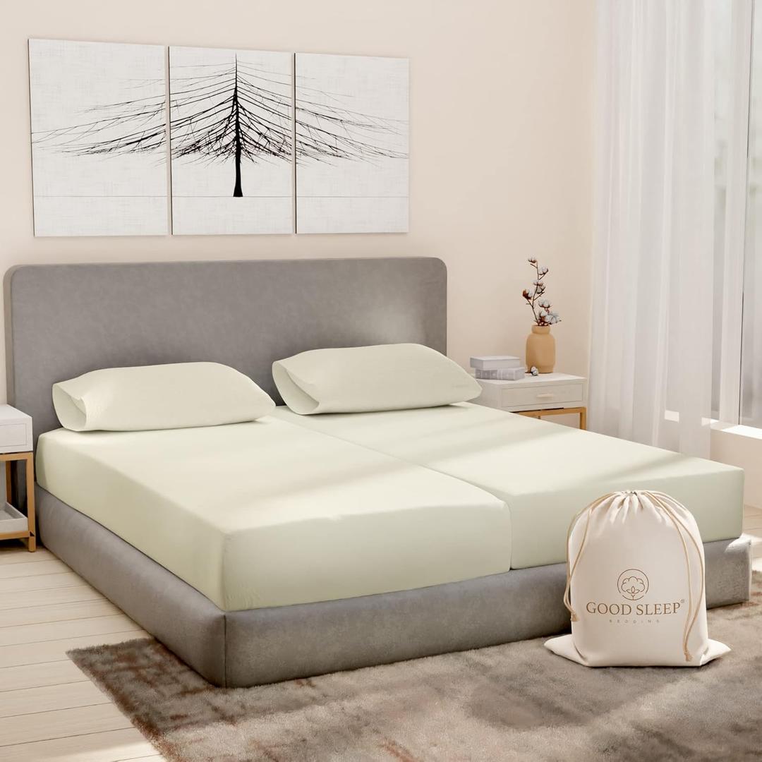 Good Sleep Bedding Split King Sheets Sets for Adjustable Bed Cotton, Luxury Sheets, 1000 TC Egyptian Cotton, 5 Piece 100% Cotton Split King Sheet Set, Sateen Sheets, 2 Fitted - 16" Deep Pocket, Ivory