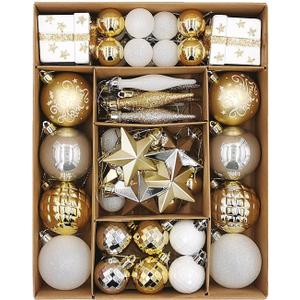 Christmas Assorted Ornaments Set, 58 ct Gold-Silver-White Stars Theme Xmas Tree Ball Ornament, Shatterproof Decorative Hanging Ornaments for Holidays Party Decoration Tree Ornament and Events