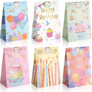 Censen 24 Pcs Birthday Goodie Bags for Boys Girls Party Favor Gift Paper Bags with Seal Stickers Colorful Candy Cases Bulk for Birthday Party Baby Shower Candy Supplies