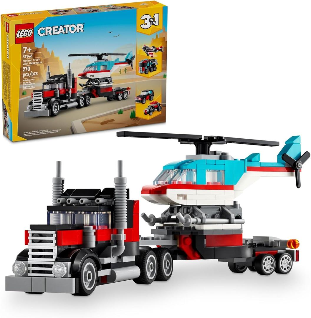 LEGO Creator 3 in 1 Flatbed Truck with Helicopter Toy, Transforms from Flatbed Truck Toy to Propeller Plane to Hot Rod and SUV Cars, Gift Idea for Boys and Girls Ages 7 Years Old and Up, 31146