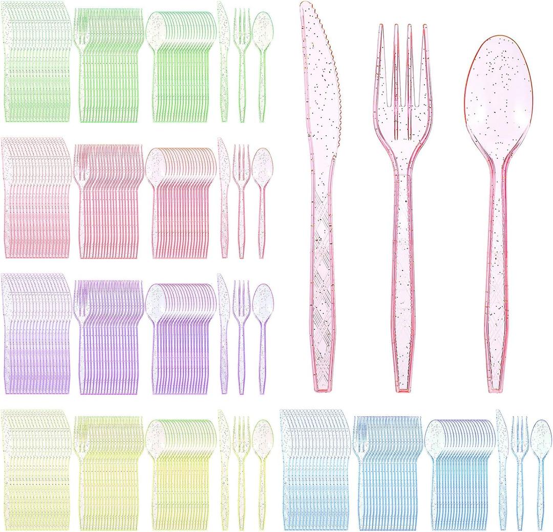 300 Pieces Glitter Plastic Silverware Set Disposable Clear Plastic Cutlery Flatware for Party 100 Knives 100 Spoons 100 Fork for Party Birthday Dinnerware Supplies(Multicolor)