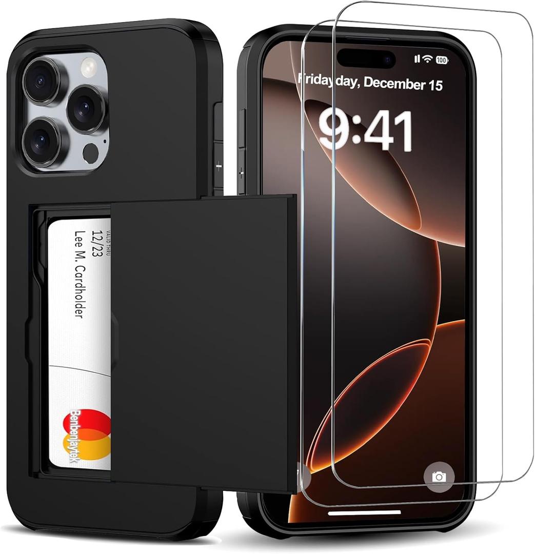 for iPhone 16 Pro Wallet Case with Card Holder + 2 Tempered Glass Screen Protector Protective Shockproof Hidden Card Slot Slim Case Women Men iPhone 16 Pro 6.3 2024 (Black)