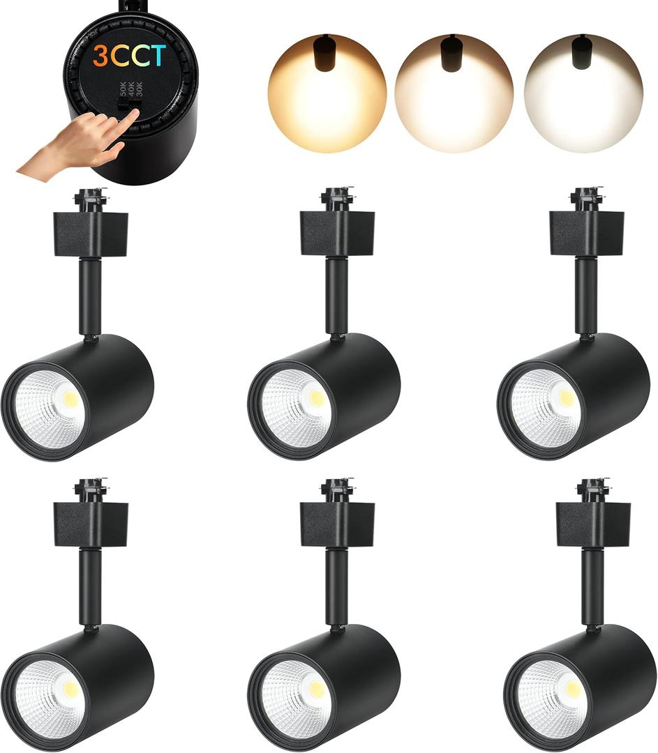 CLOUDY BAY LED Track Lighting Heads,3000K/4000K/5000K Selectable,Dimmable 8W,CRI90+ True Color Rendering Adjustable Tilt Angle Track Light, Black, Halo Type, Pack of 6