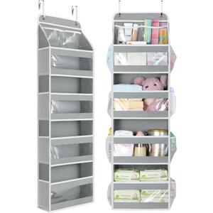 Yecaye 5 Tier 1Pc Over the Door Organizer, Stuffed Animal Storage with Clear PVC Windows, Door Organizer Hanging for Bedroom Nursery Closet Dorm Room Laundry Pantry Bathroom, Grey