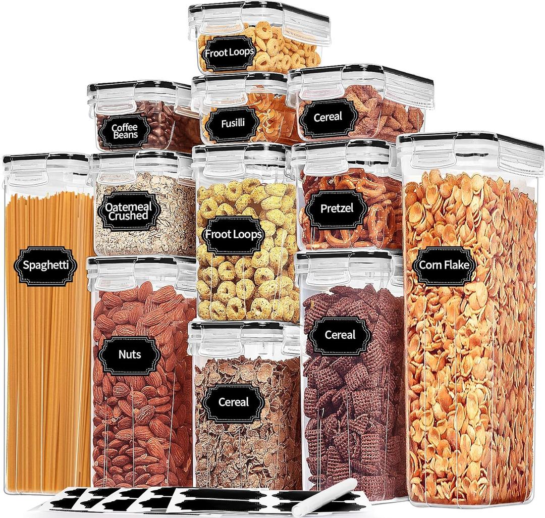 PRAKI Airtight Food Storage Containers with Lids, 12PCS Plastic Kitchen Storage Containers for Pantry Organizers and Storage - Cereal, Rice, Flour and Sugar Containers with Labels & Marker (Black-12 Piece)