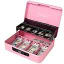 Jssmst Locking Cash Box with Coin Lid, 11.8L x 9.5W x 3.5H Inches, Latch Safe Money Box with Combination Lock, Pink