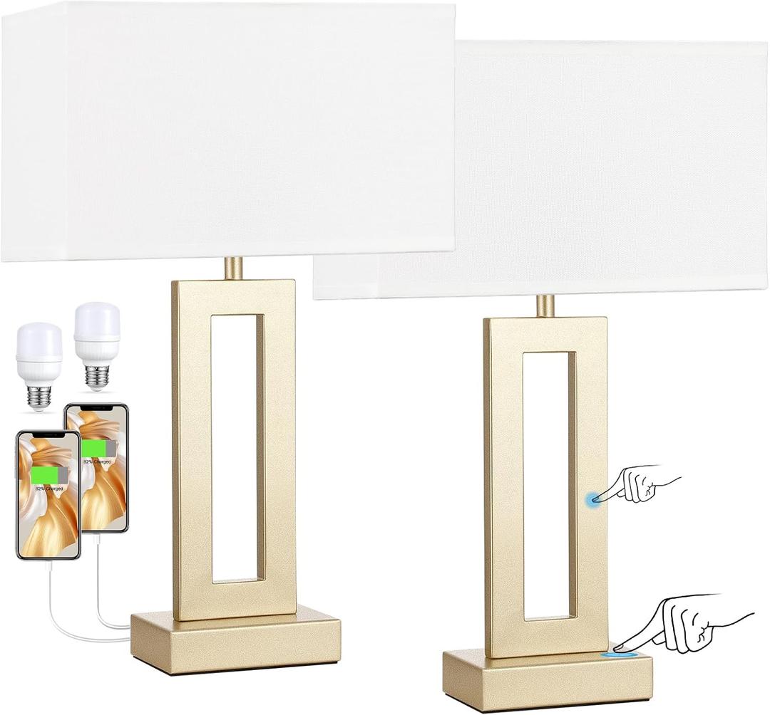 Nightstand Table Lamps for Bedrooms Set of 2 - Touch Bedside Lamp with USB C+A, 3 Way Dimmable Living Room Lamps for End Tables Set of 2(White&Gold) (Medium(19.6in))