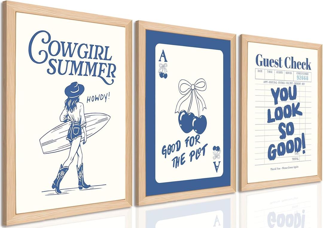 Blue Preppy Canvas Wall Art Set of 3, Coastal Cowgirl Pictures Wall Decor Paintings, Trendy Cherry Guest Check Poster Prints Aesthetic Home Decor for Teen Girls Bedroom Dorm 12x16 inch Framed (16L" x 12W", Navy Wood Framed)