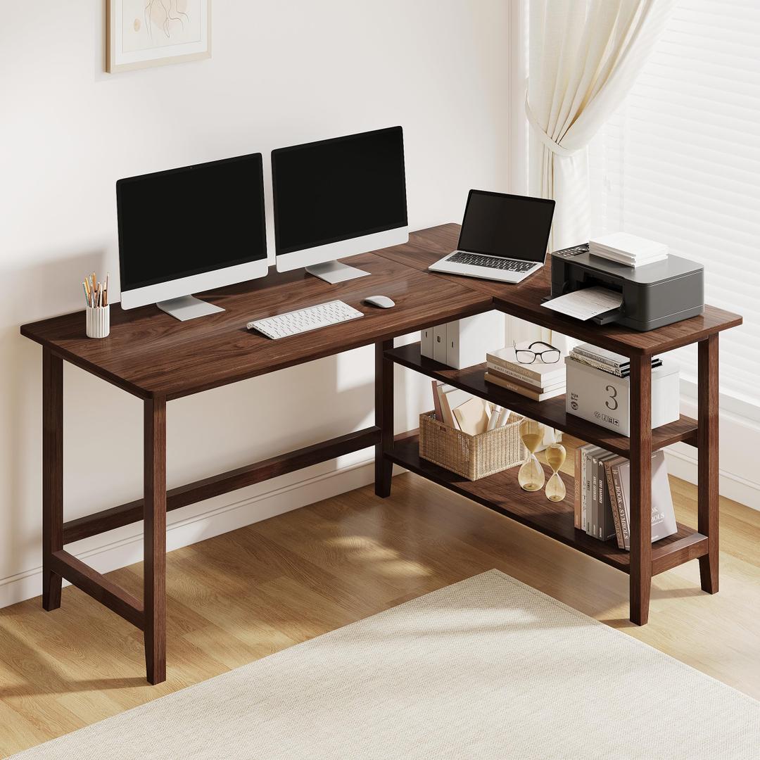 IOTXY 53" Reversible L-Shaped Office Desk with Storage Shelves, Walnut