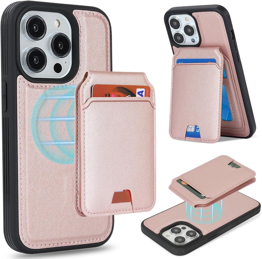 for iPhone 14 Pro Max Wallet Case magsafe Compatible with Card Holder for Women Men 2 in 1 Detachable Magnetic Shockproof Phone case Stand Leather Credit Card Slots-Rose Gold
