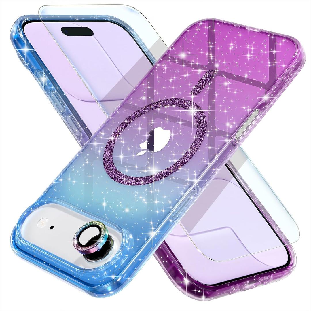 Choiche Magnetic for iPhone 17 Air Case Women Phone Case, Compatible with Mag-Safe, Cute Bling Sparkly, Military Grade Protection, with Diamond Camera Lens Covers, 6.5-inch, Glitter Blue/Purple