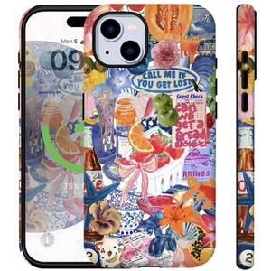 Compatible for iPhone 14 Plus Case Vintage Blue Collage Y2K European Summer Flowers Bow Cute Aethetic [Compatible with Magsafe] Rugge 2-in-1 Layer Shockproof Anti-scratch Phone Case for iPhone 14 Plus