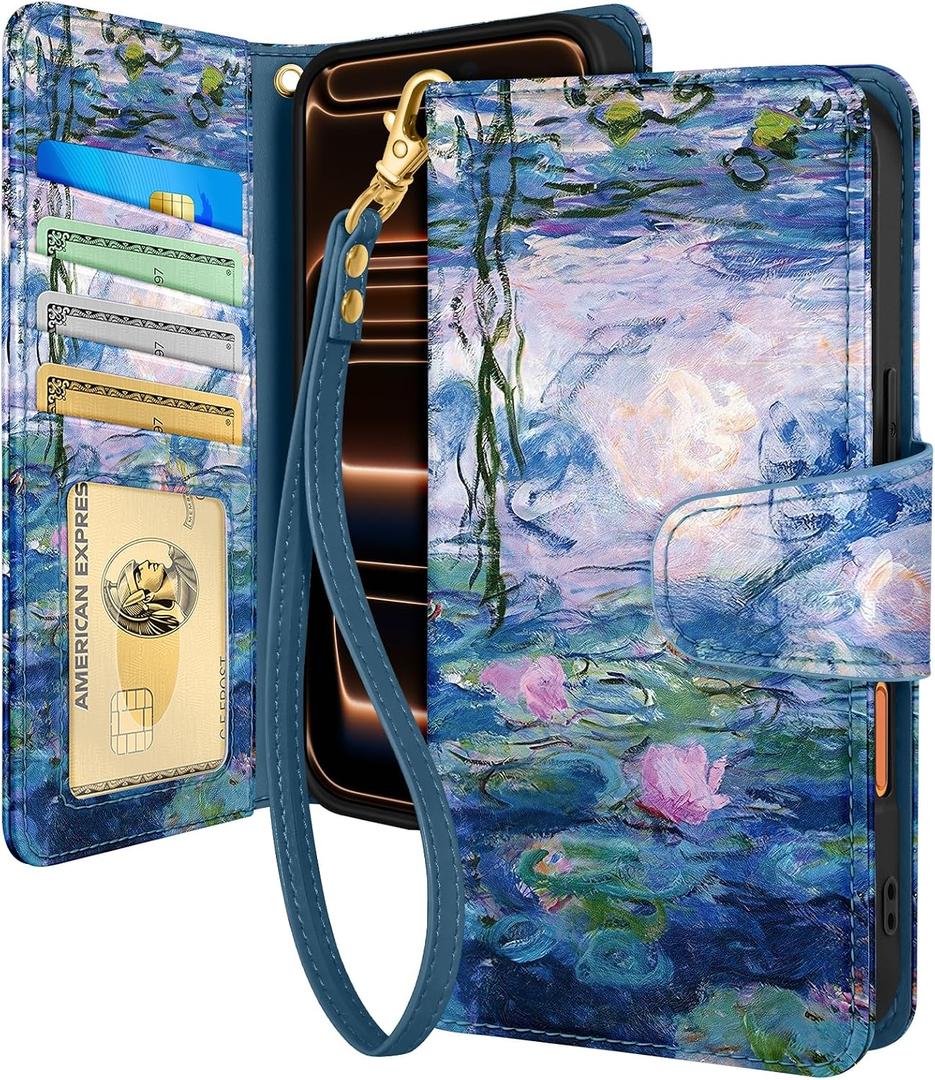 Toycamp for iPhone 17 Pro Wallet Case with Wrist Strap - Leather Flip Folio Phone Case with RFID Blocking 4 Card Holder for Apple for iPhone 17 Pro Funda Cute Aesthetic for Women Ladies, Water Lily