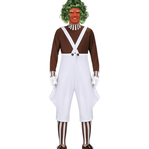 Mens Candy Chocolate Factory Worker Costume Shirt Jumpsuit Outfit with Gloves Leggings Adult Halloween Cosplay Props, Small