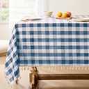 Softalker Checkered Tablecloth Rectangle, Outdoor Linen Cotton Gingham Table Cloth with Tassel, Heavy Duty Wrinkle Free Buffalo Plaid Table Cover for Kitchen Dining Home Party - 55 x 84 Inch, Navy