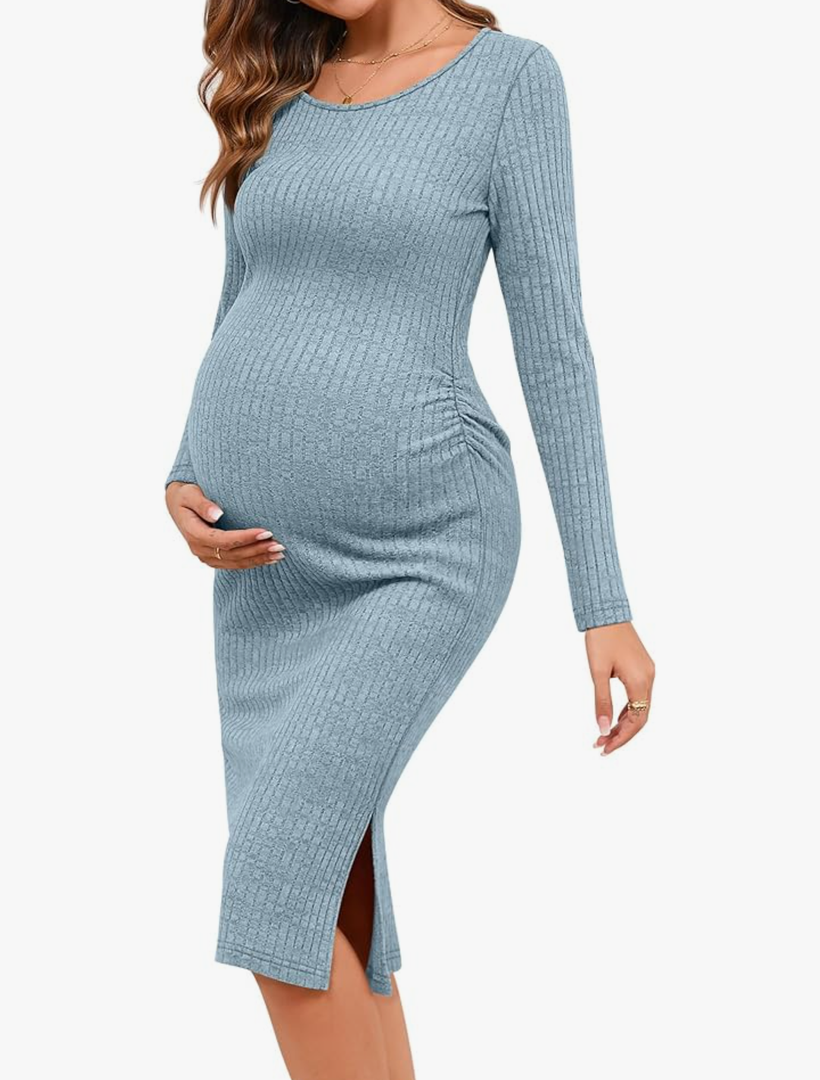 Ficerd Women's Ribbed Knit Maternity Dresses Long Sleeve Pregnancy Bodycon Dress 2025 Split Stretchy Clothes for Baby Shower S