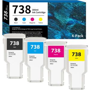 738 Ink Cartridge 300ml 4-Pack (Black Cyan Magenta Yellow) 498N8A 676M6A 676M7A 676M8A Replacement for HP 738 Ink Cartridge for DesignJet T850 T950 Printer Ink