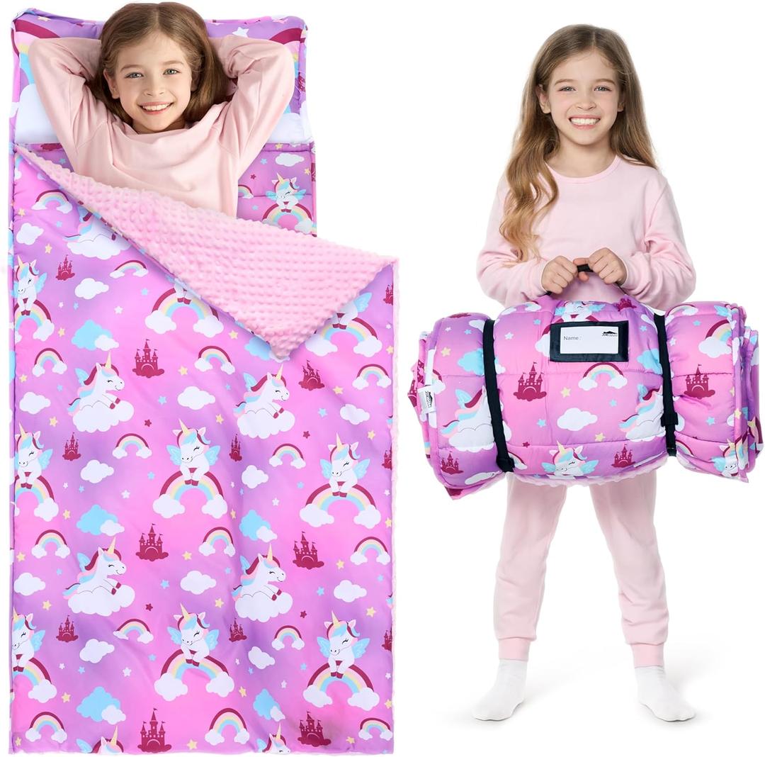JOIEDOMI Toddler Sleeping Bag for Kids 55''x30'' Nap Mat with Removable Pillow and Minky Blanket for Toddler Ages 3-7 Roll Up Soft Kids Sleeping Bag for Boys Girls Kindergarten Daycare Sleepover (Purple Unicorn)