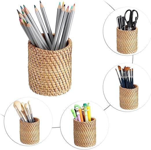 2 Pcs Rattan Pencil Holder Desk Organizer, Handmade Woven Stationery Storage Organizer Pen Holder Cosmetic Brush Pot Stand (Cylinder)