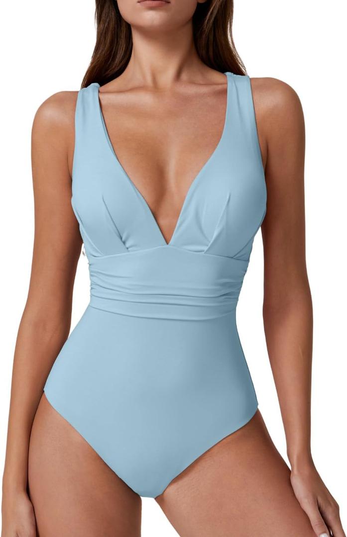 QINSEN Women's Sexy V Neck One Piece Bathing Suit Cross Back Swimsuit High Waist Monokini (Medium, Dusty Blue)