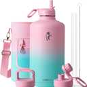 Coolflask 128 oz Gallon Water Bottle Insulated with Straw&3 Lids, Water Jug Large Stainless Steel Metal Vacuum Wide Mouth for Sports, Gym or Office, Non-BPA Keep Cold 48H Hot 24H, Bubblegum Princess