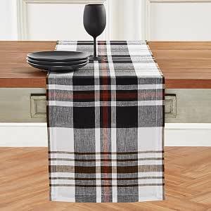 Solino Home Table Runner 132 Inches Long - 100% Pure Linen Black Oxford Plaid Table Runner 14 x 132 Inch for Dining
