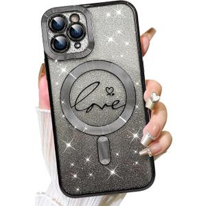 Fiyart Designed for iPhone 11 Pro Case,Compatible with MagSafe Love Heart Plating Camera Protection TPU Magnetic Glitter for Women Girls Shockproof Phone Bumper 5.8"-Black