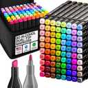 Alcohol Dual Tip Markers Set of 80 with No Bleed Ink, Bonus Case and Vibrant Fade-Resistant Colors, Art Supplies for Sketching, Manga, Drawing, Adult Coloring Books, Card Making (Fine & Chisel)