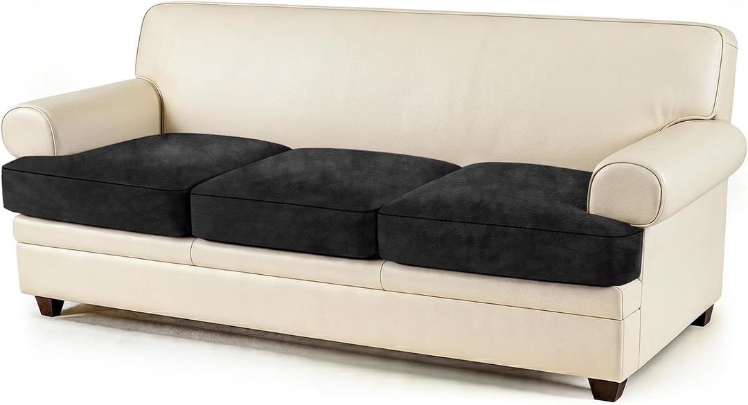 Soft Leather 3 Pieces T Cushion Sofa Slipcovers Skin-Friendly T Cushion Couch Cover Pets Friendly T-Shaped Couch Cushions Covers Luxurious PU Leather 3 Individual Cushios Sofa Covers Black