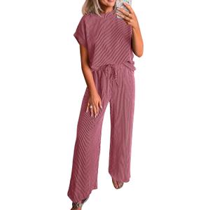 KIRUNDO 2 Piece Sets for Women Dressy Casual Ribbed Knit Short Sleeve Tops Wide Leg Pants Lounge Set Travel Airport Outfits, Large