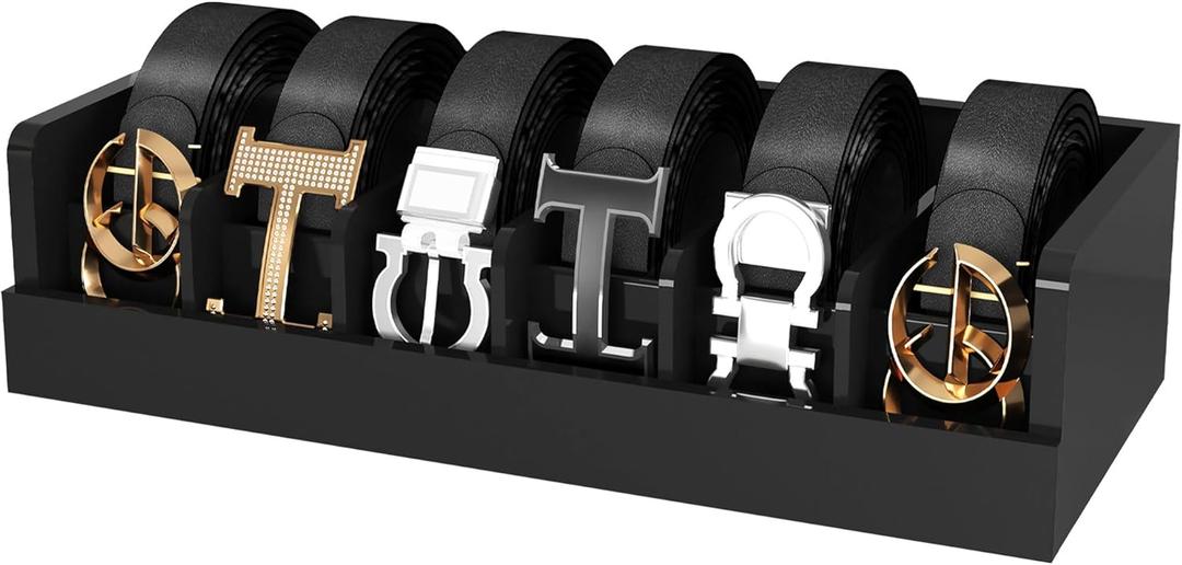 Bamboo Belt Organizer for Closet - 6 Grids Black Bamboo Belt Storage Organizer Racks for Women's Drawer, Belt Display Rack Holder Wall Mount for Men