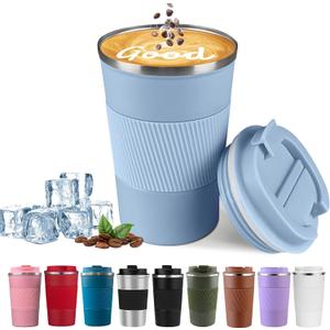 YINBAOGE Insulated Travel Coffee Mug, Spill & Leak Proof, Portable To Go Camping Stainless Steel Coffee Tumbler, Reusable Thermal Coffee Cup with Lid for Hot & Cold Drinks (Light blue, 12 OZ)