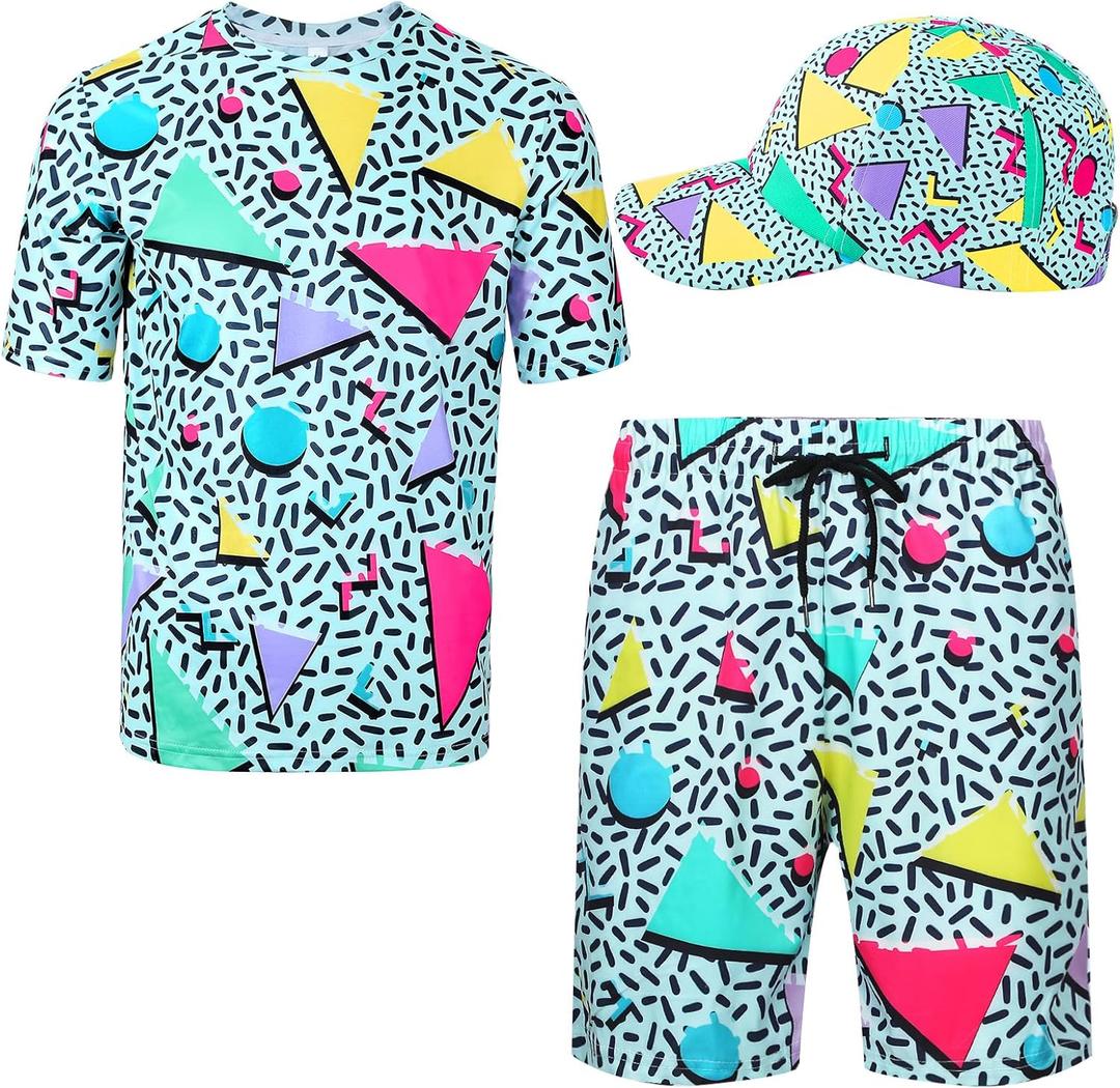 Handepo Retro 80s 90s Outfits for Men's 2 Pcs Tracksuit Hippie Shirt and Short Set with Hat for Neon Disco Party Costume (XX-Large, Elegant Color)