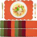 LemonRoad 16 Pcs Boho Linen Placemats Set 13" x 19" Elegant Scalloped Double Layered Placemats Farmhouse Christmas Washable Rustic Dining Table Decoration Heat Resistance(Vintage Color)