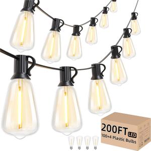 Svater Outdoor String Lights 200 FT, Commercial Vintage Patio Lights with 100+4 1W Shatterproof Plastic Led Bulbs, Connectable Dimmable Hanging String Lights for Backyard Porch Cafe(2 Pack 100 FT)