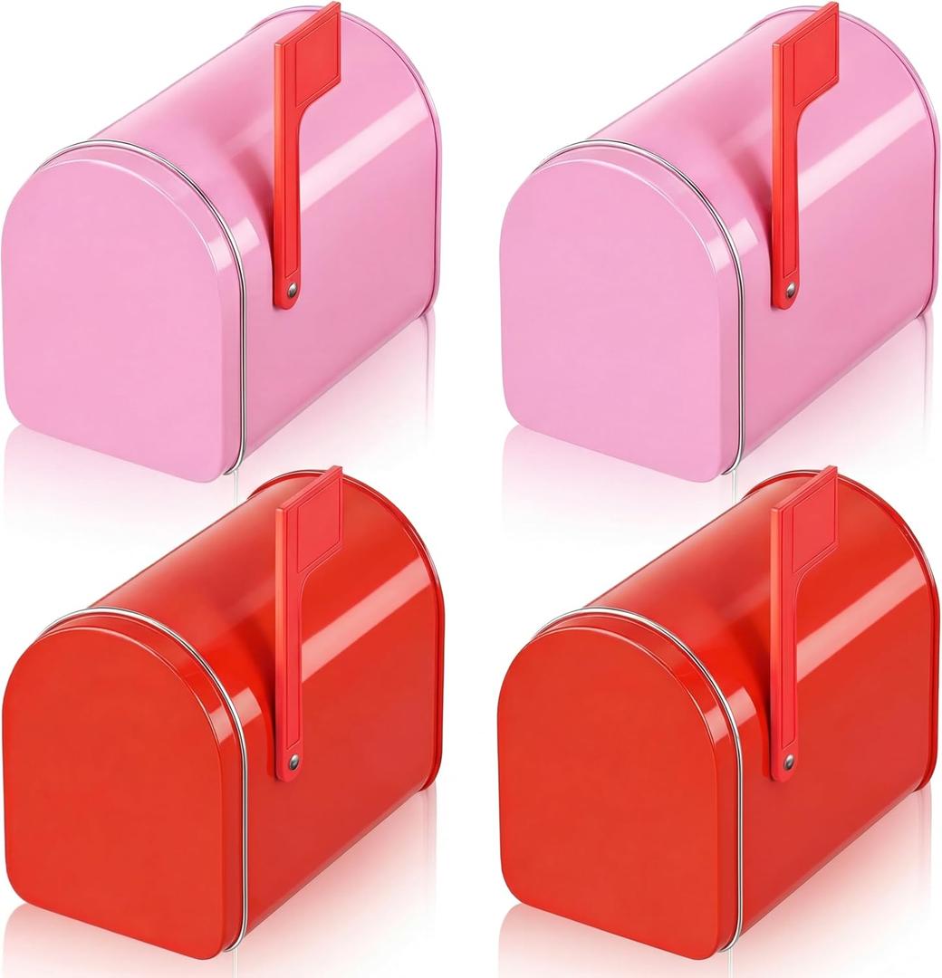 Frienda 4 Pcs Valentines Mini Mailbox, 5 x 3 Inch Mini Tinplate Tins Containers with Lids for Cards Cookie Candy Storage Playhouse Decorations, Small Boxes for Party Gifts (Red,Pink)