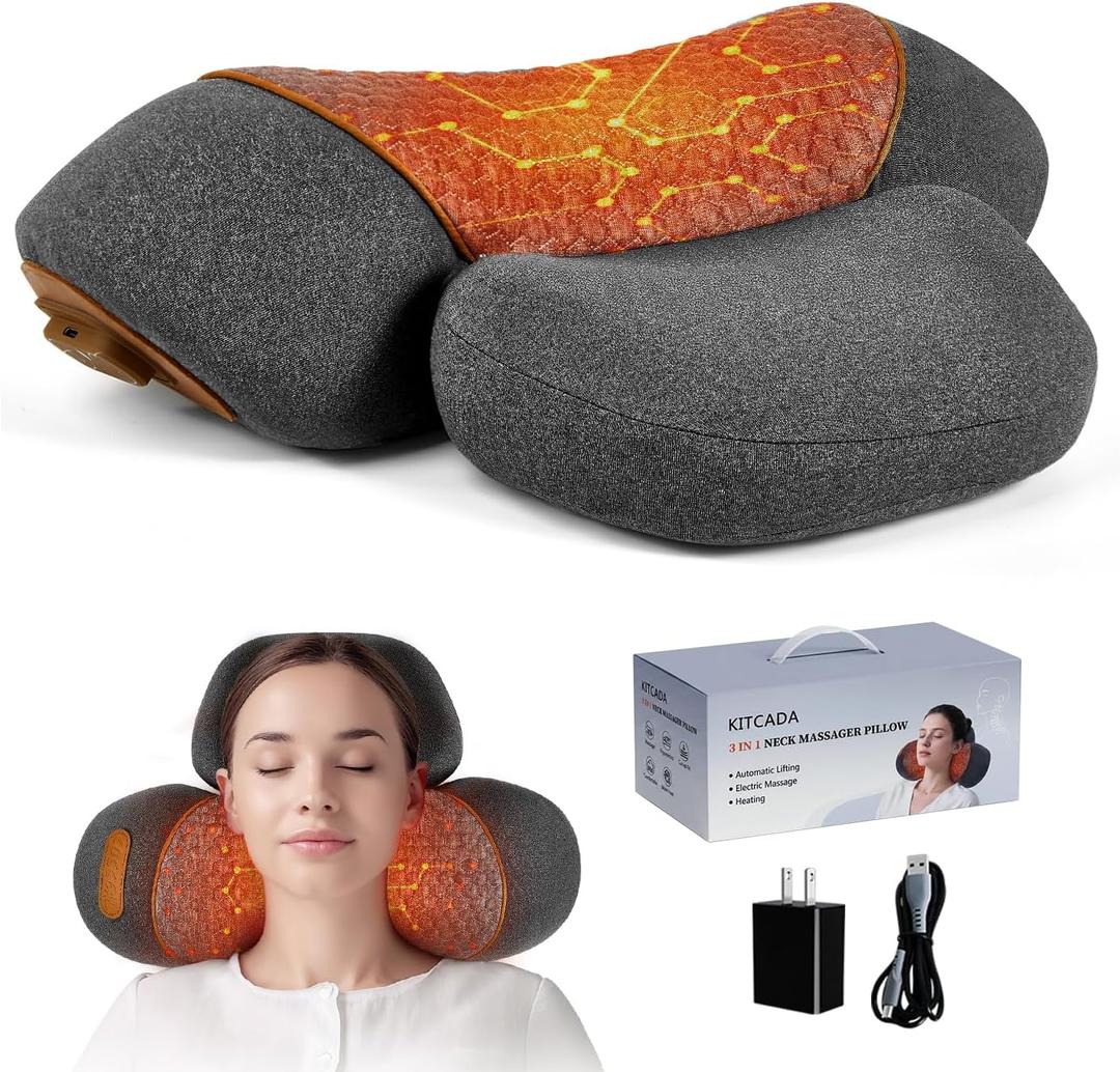 3-in-1 Neck Massager Pillow, Rechargeable Neck Massager with Heating and Traction Function, Pillow Massage Neck Hump for Shoulder Pain,Deep Tissue Pain Relief