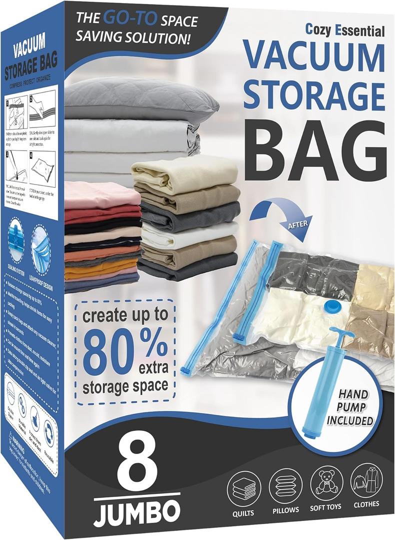 Cozy Essential Vacuum Storage Bags, Compression Space Saver Bags for Clothes, Comforters, Blankets, Pillow, Bedding, Sealer Clothing Storage,8 Jumbo
