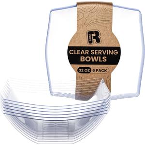 R-kay 6 Pack Square Plastic Serving Bowls - Clear Plastic bowls 32 Oz - Salad Bowls Large Serving, Premium Duty For Weddings Catering And Birthday parties