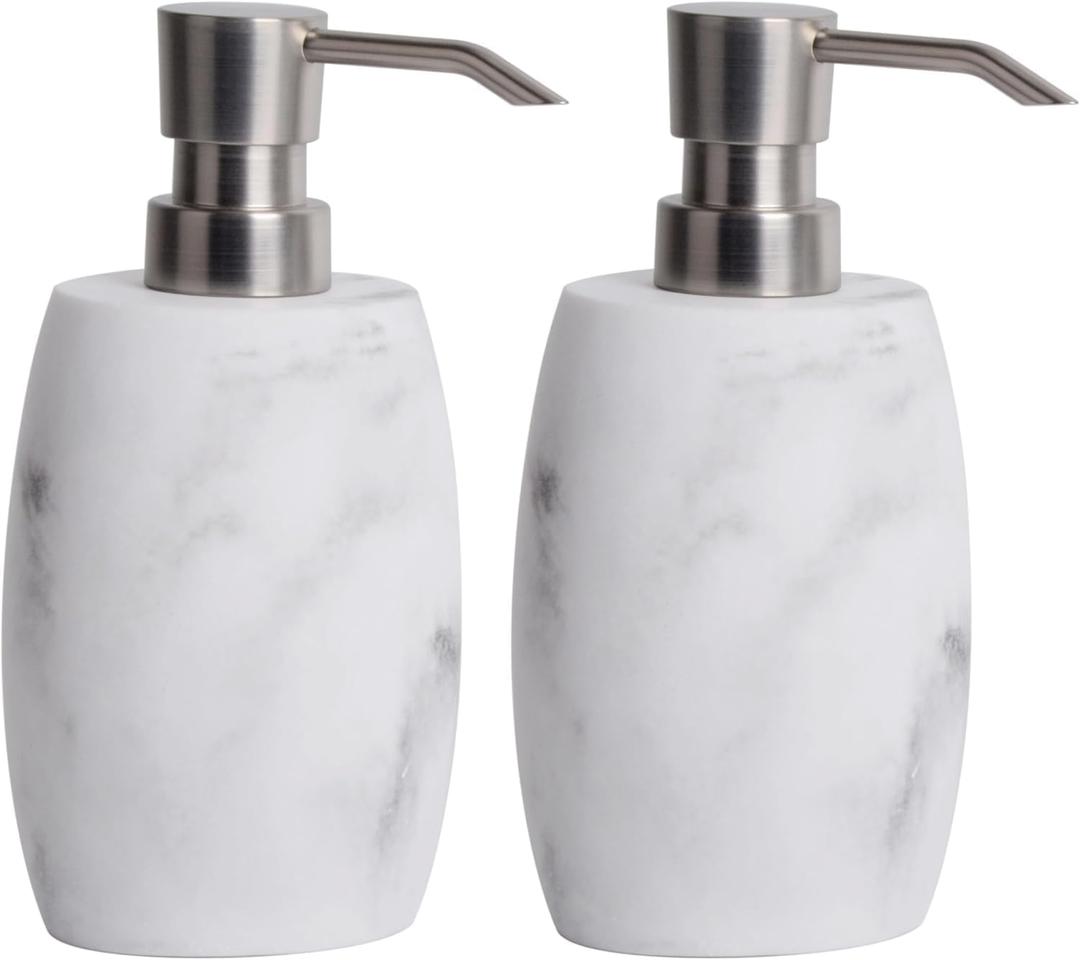 Clasin Home Resin Soap Dispenser Set 2, Refillable Hand Soap Dispenser with White Marble Look and Metallic Pump, Kitchen, Bathroom, Waterproof Labels (12 Oz)