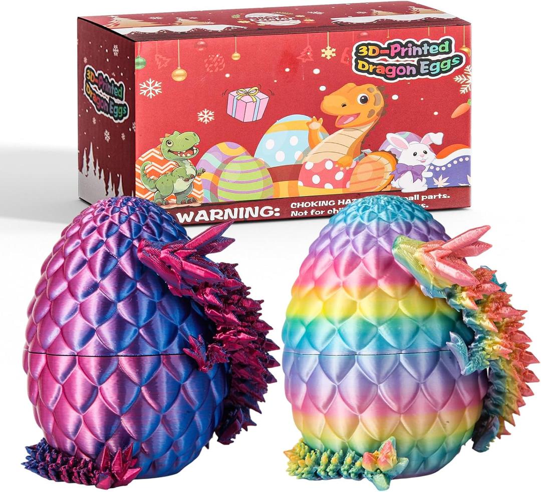 2-Pack 3D Printed Dragons Egg Fidget Toy-Articulated Crystal Animal Designs for Kids,Perfect Mysterys Easter Eggs&Dinosaur-Themed Gifts for Boys and Girl (Candy + Purple Blue)