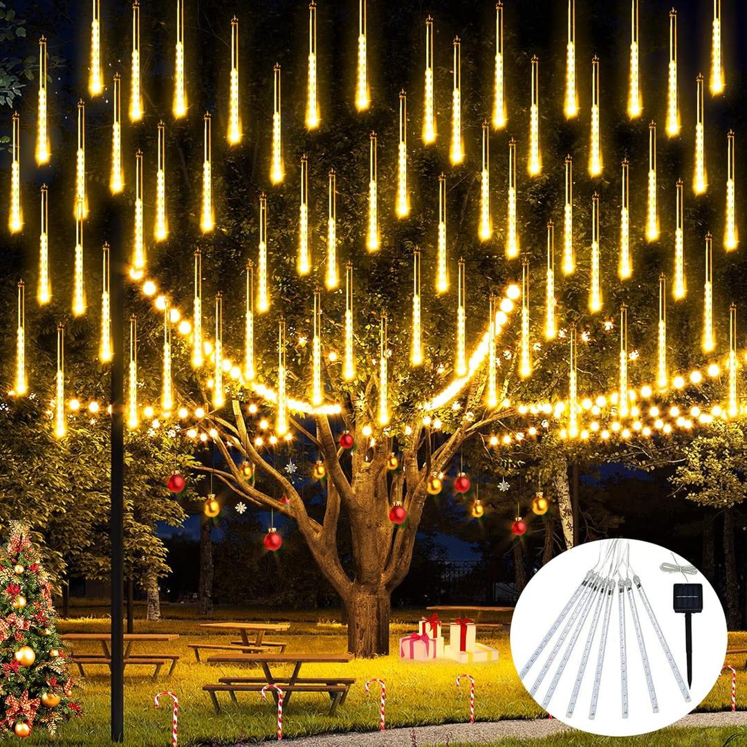 JMEXSUSS Solar Meteor Shower Lights Outdoor, 8 Tube 144 LEDs Warm White Solar Christmas Lights for Tree Eave Xmas Holiday Party Patio House Wedding Decor