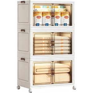 130.65QT Foldable Stackable Storage Bins with Magnetic Doors & Lockable Wheels, 3 Pack Large Plastic Closet Organizer, Tool-Free Storage Box for Bedroom Kitchen Bathroom Dorm Office Garage, 3PACK-19.68"W11.81"D33.07"H