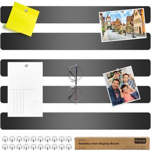 Wukong 5 Pack | 30x4cm (11.81 x 1.57) Magnetic Stainless Black Board Strips, Adhesive Backing Bulletin Bar, Memo Strip with 30pcs 5x3mm Magnets for Office, Home, Photo Wall, Documents