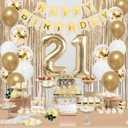 Trgowaul 21st Birthday Decorations for her, Champagne Gold Happy 21st Birthday Supplies for Girls, 21 Sash and Crown, Banner, Fringe Curtains, Cake Topper, 21 Year Old Party Supplies Set