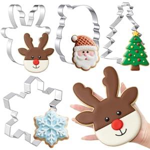 Teenyyou 4 Pcs Large Christmas Cookie Cutters 7.5" Stainless Steel Metal Cookie Molds for Xmas Holiday Creative Baking Delights(Christmas Tree, Elk, Snowflakes, Santa Claus)